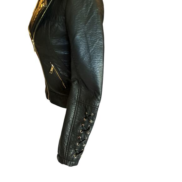 Guess Moto Jacket | Black Zip Front Biker Style with Lace Up Sleeves | Size M - Picture 6 of 11